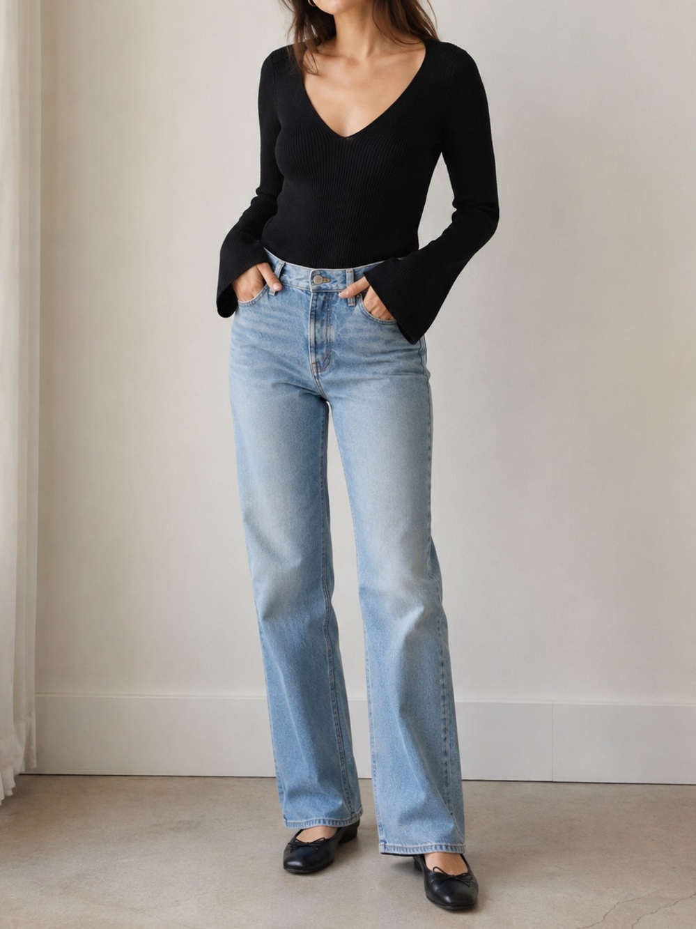 Madewell Flared Sleeve V Neck Long Sleeve Sweater Medium Black Ribbed Stretchy